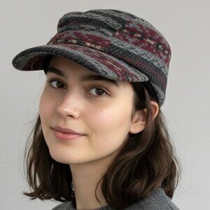 Vintage Crown Cap Gray Ikat Wool Cap w/ Earflaps - Small, Unisex 🇨🇦